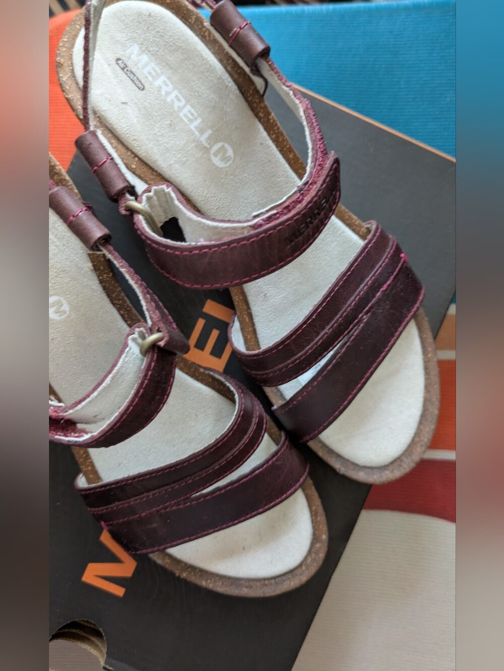 Merrell Leather Sandals Cork Air Cushion Sandals NIB 6M 🍷 Deep purple Wine